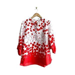 Milano Blouse Top White Red Dots Button Up Shirt Women's M Adjustable Sleeves